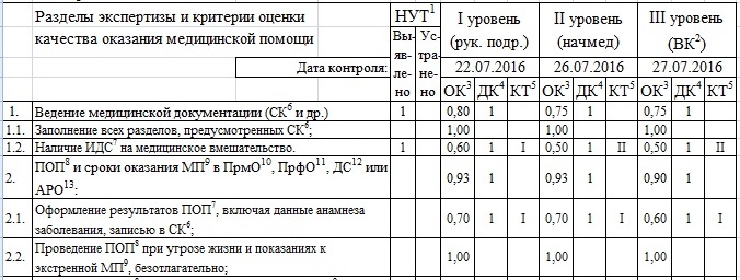 Рис.1 Фрагмент генерируемой учётной формы «Карта внутреннего контроля качества» в АЭТК-ЭКМП (Автоматизированная экспертная технологическая карта экспертизы качества медицинской помощи)