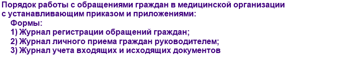 Порядок работы с обращениями граждан в медицинской организации с устанавливающим приказом и приложениями (формы журналов регистрации обращений граждан, личного приема граждан руководителем и учета входящих и выходящих документов)