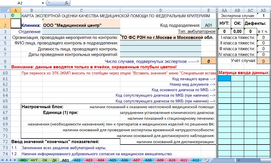 Рис. 1. АЭТК-ЦККМП, Матрица для ввода результатов экспертизы (пустая).