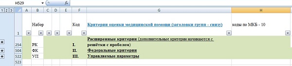 Рис 9. Каталог наборов «критериев», все позиции свёрнуты, видны «базы» наборов «критериев» с атрибутом кода (имени) файла-источника