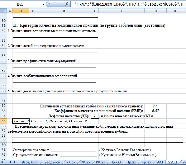 Рис 6. Экспертное заключение (фрагмент). Добавлен новый раздел и формулы для автоматического заполнения