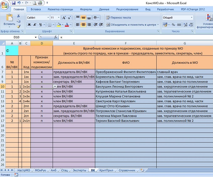 Рис 2. Лист файла «констант» и общих настроек АЭТК с составами врачебной комиссии и всех задействованных во внутреннем контроле подкомиссий врачебной комиссии