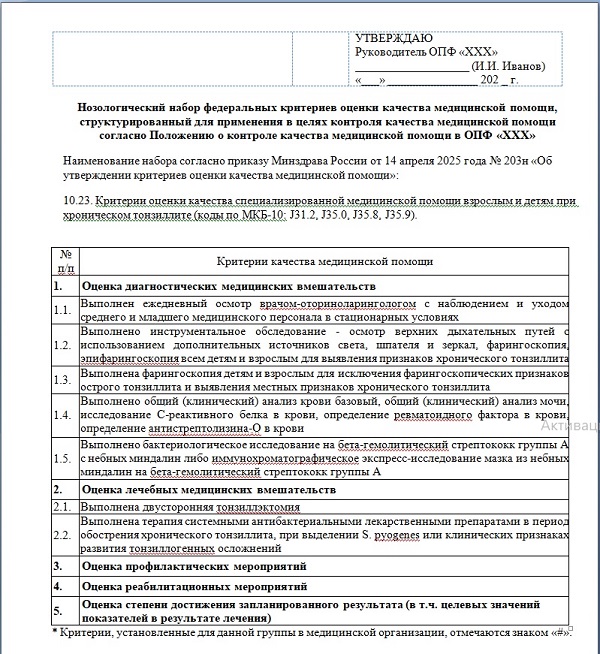 Рис.4. Структурированный набор федеральных критериев, п. 10.23. Критерии оценки качества специализированной медицинской помощи взрослым и детям при хроническом тонзиллите (коды по МКБ-10: J31.2, J35.0, J35.8, J35.9).