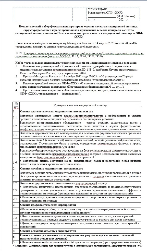 Рис.4. Расширенный на основе клинических рекомендаций структурированный набор федеральных критериев, п. 10.23. Критерии оценки качества специализированной медицинской помощи взрослым и детям при хроническом тонзиллите (коды по МКБ-10: J31.2, J35.0, J35.8, J35.9).